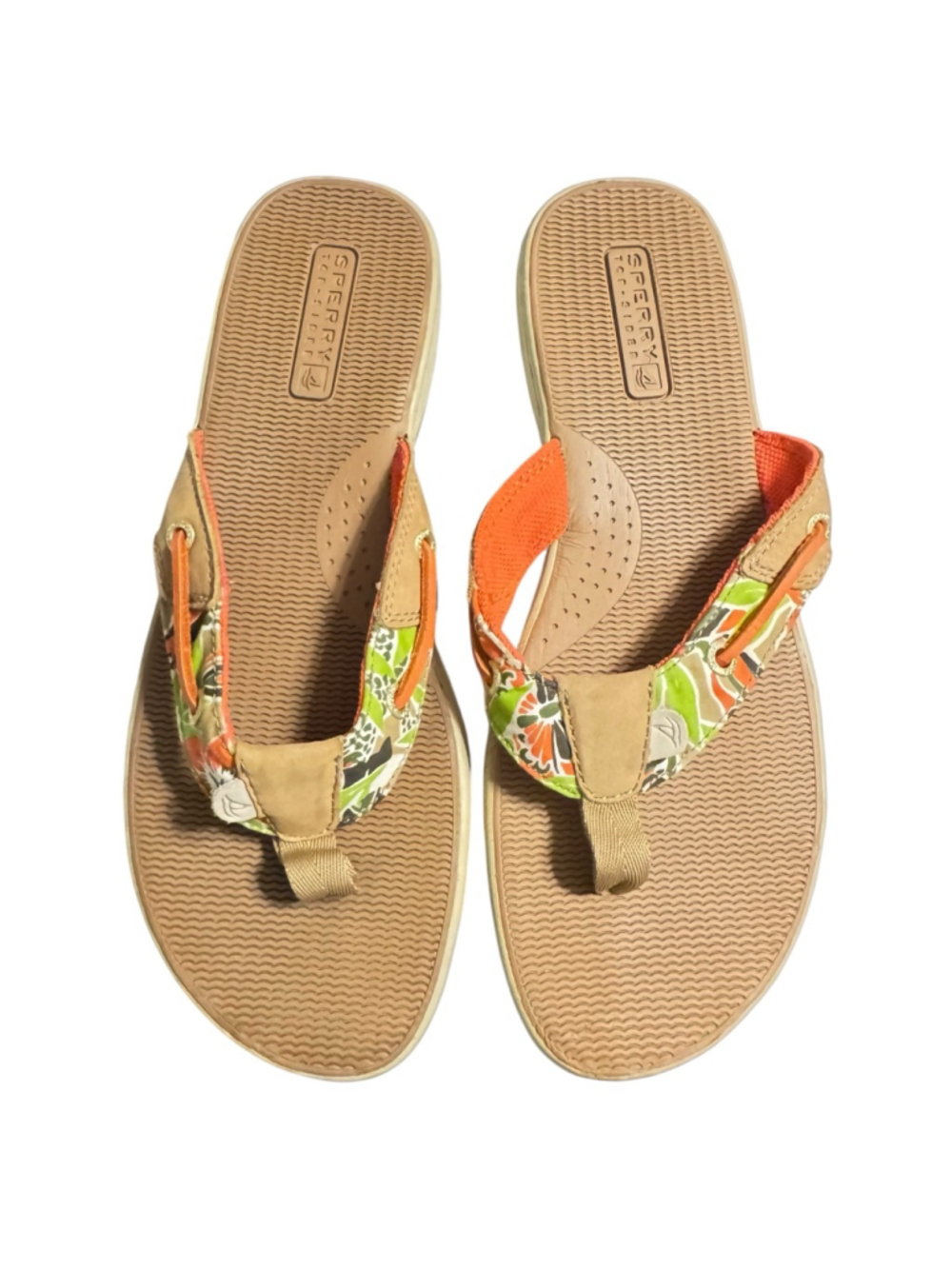 Size 10 Women's Sperry Seafish? Topsider Floral Thong Sandals Beige Orange